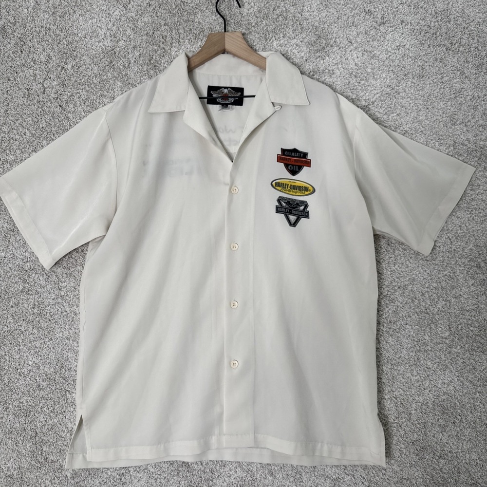 Harley Davidson Motorcycles Ivory Embroidered Printed Shirt Size Medium‎